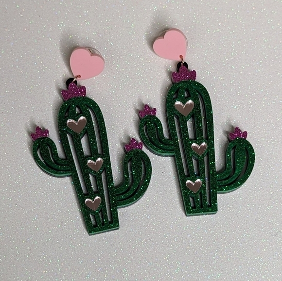 Cactus Valentine's Day Pink Glitter Heart Drop Earrings - Picture 2 of 5